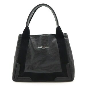 BALENCIAGA Navy Blue Cabas Logo Handbag Tote Bag Black Leather